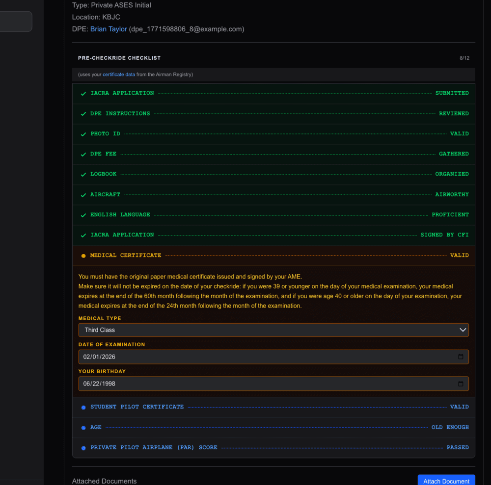 Pre-checkride checklist showing verified items for an applicant