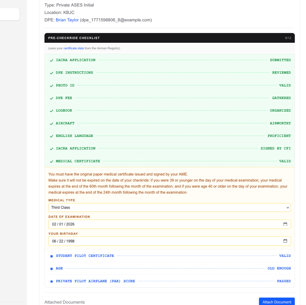 Pre-checkride checklist showing verified items for an applicant