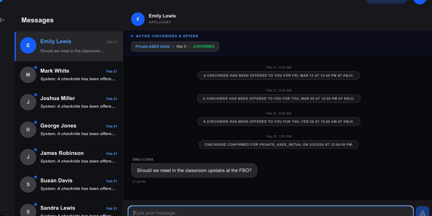 Messaging interface showing conversation with an applicant