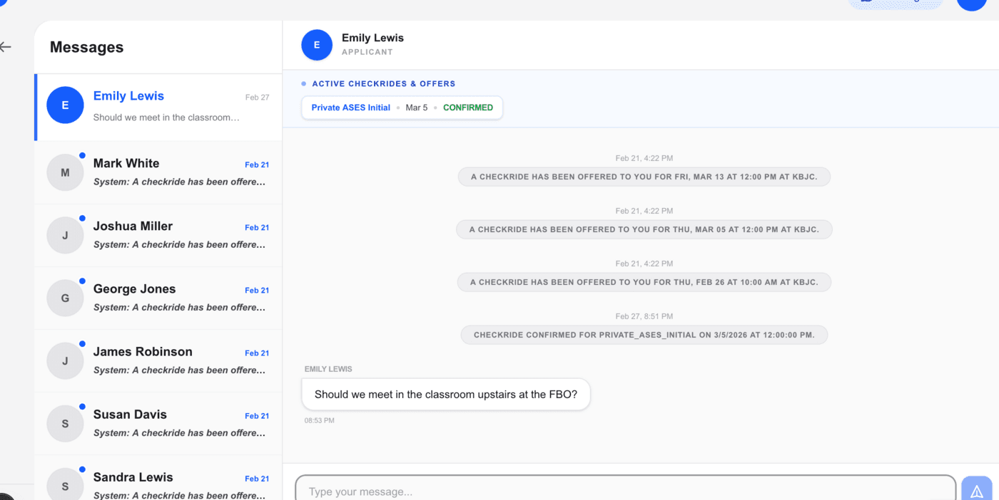 Messaging interface showing conversation with an applicant