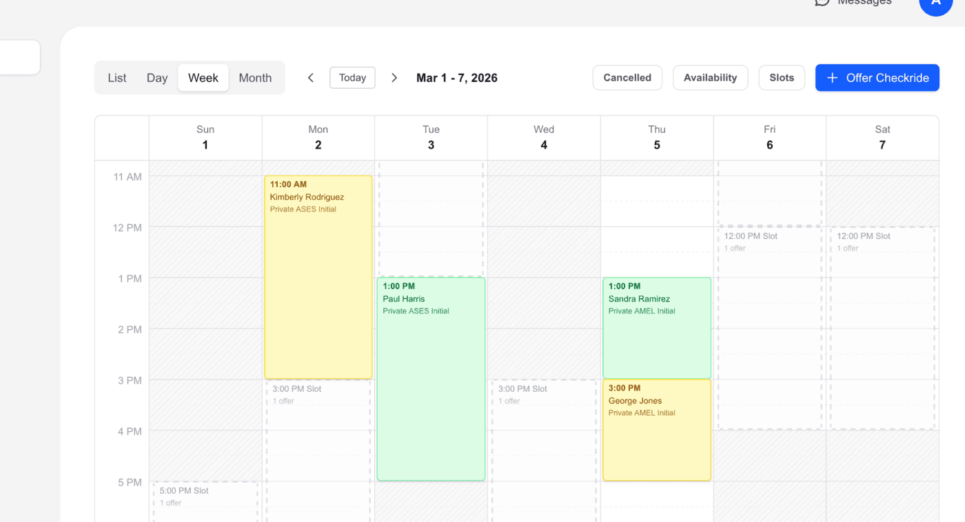 Weekly calendar view showing scheduled checkrides