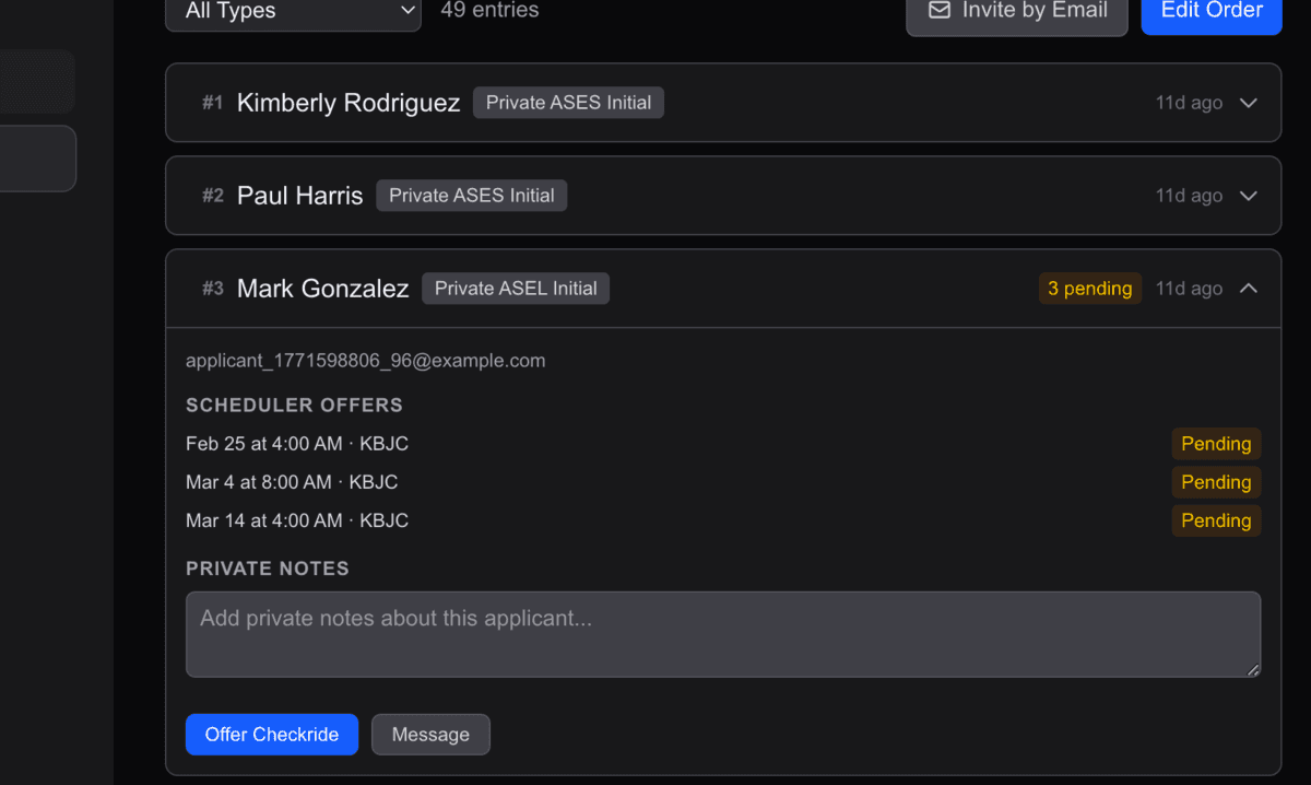 Waitlist showing prioritized applicants with expanded detail view